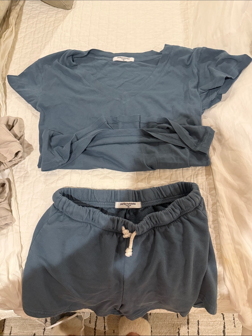 perfectwhitetee Dusty Blue V-Neck Tee & Drawstring Shorts Set